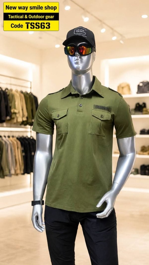 Tactical long sleeve shirt in olive green with dual chest pockets and wrinkle-resistant fabric.