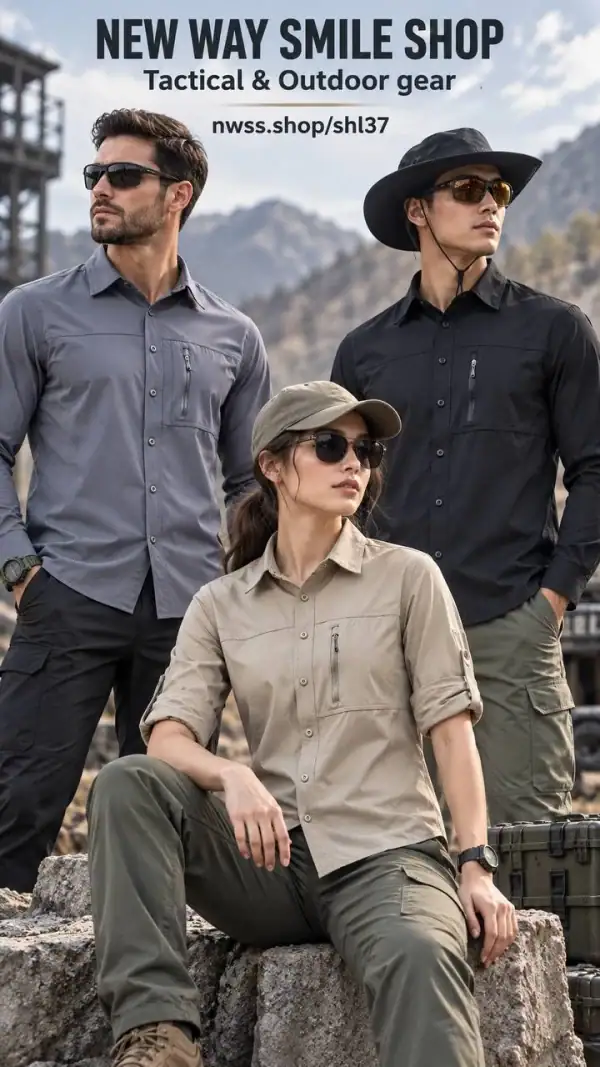 Outdoor shirt with sun protection in dark gray, beige, and black for tactical and outdoor activities.