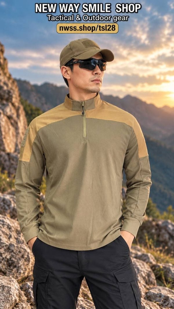 Men's tactical quarter-zip long sleeve training shirt in khaki for outdoor and daily wear.