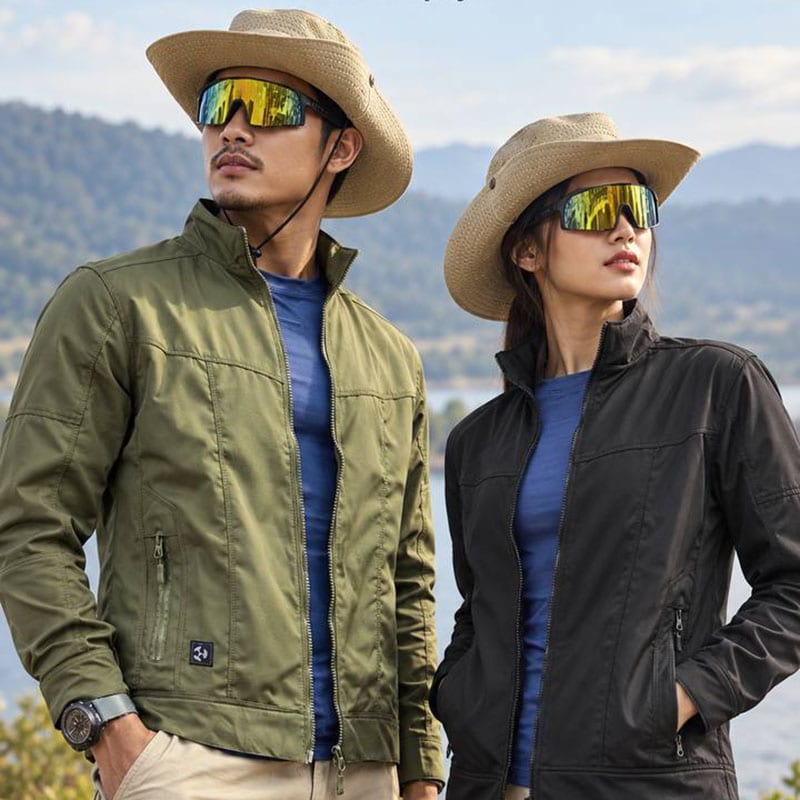 JK06 Men’s Lightweight Softshell Jacket for outdoor travel and everyday wear in green and black styles.