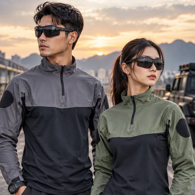 TSL31 Two-Tone Tactical Long-Sleeve Half-Zip Shirt with Arm Patch Panels and Adjustable Cuffs in black and green.