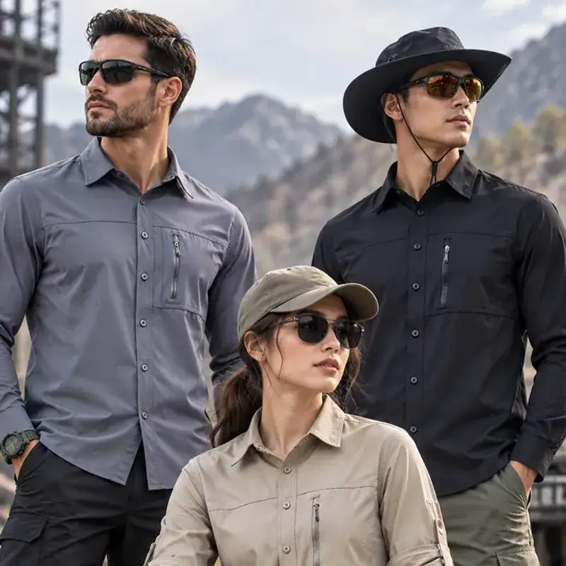 Outdoor shirt in black with sun protection design, worn by a woman with a hat and sunglasses.