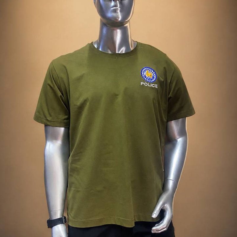 Olive green tactical T-shirt with embroidered POLICE chest logo, short sleeves, casual style.