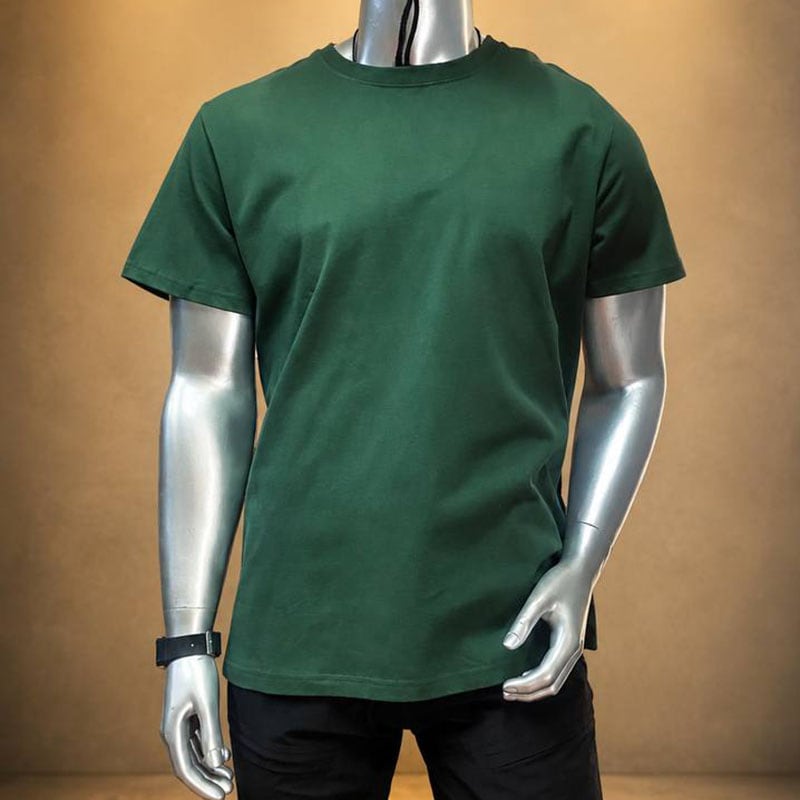 Men's green 230g heavy cotton drop-shoulder short-sleeve T-shirt on mannequin.