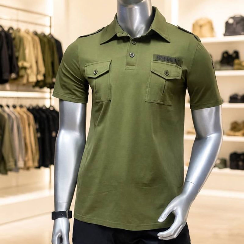 TSS63 Army Green Tactical Polo Shirt with chest pockets and shoulder detail on a mannequin.