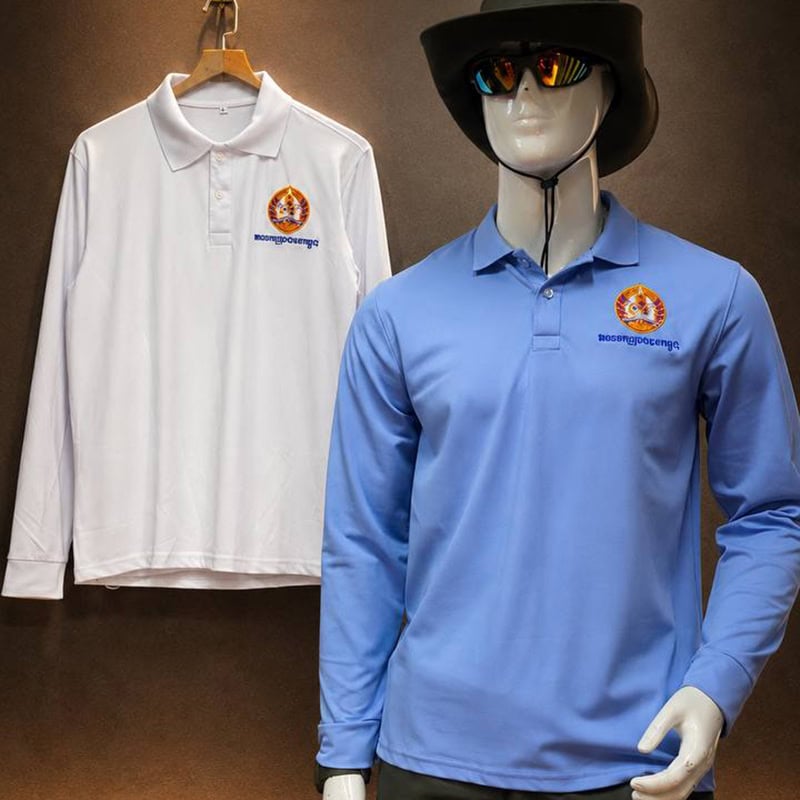 Light blue TSL27 Embroidered Long-Sleeve Polo Shirt on mannequin with black hat and sunglasses.