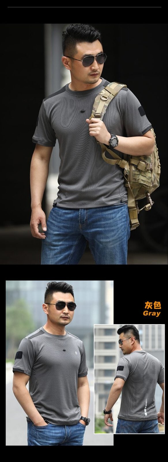 Tactical long sleeve shirt in blue with dual chest pockets, wrinkle-resistant fabric, and button-up front.