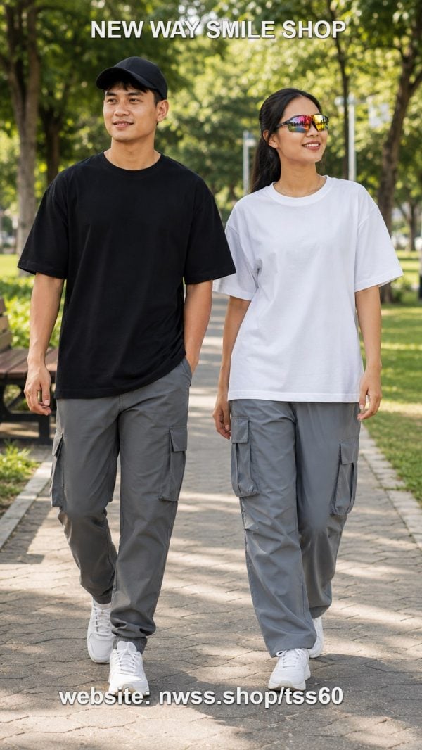 Oversized plain short-sleeve T-shirt for men and women in black and white, casual style, outdoor setting.