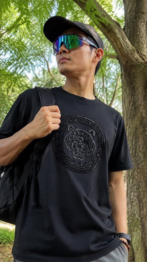 Unisex short-sleeve T-shirt with raised round chest emblem in black, casual outdoor style.