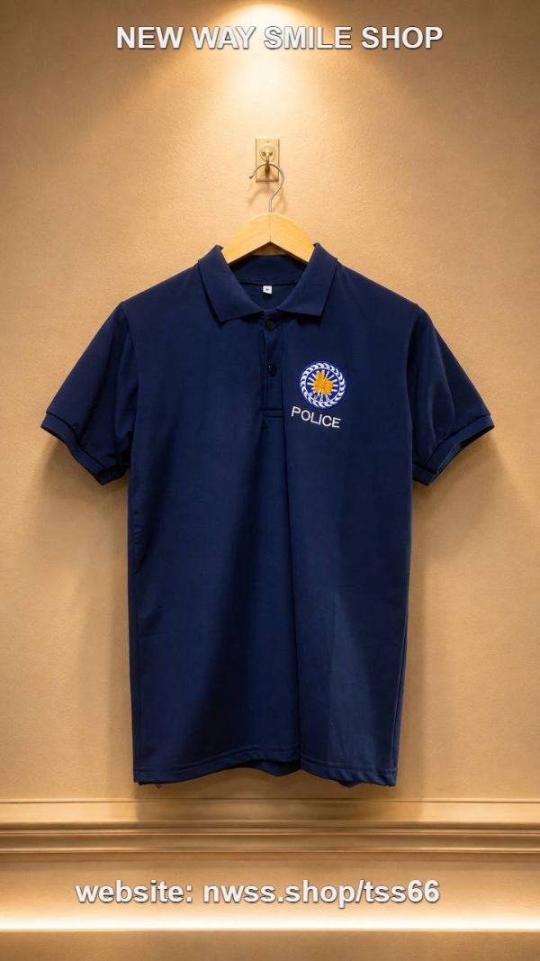 Navy blue police-style short sleeve polo shirt with embroidered police logo for men and women.