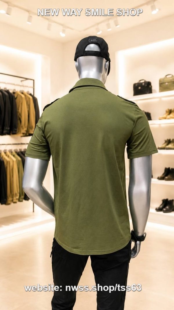 Army green tactical polo shirt with chest pockets and shoulder detail for outdoor and tactical use.