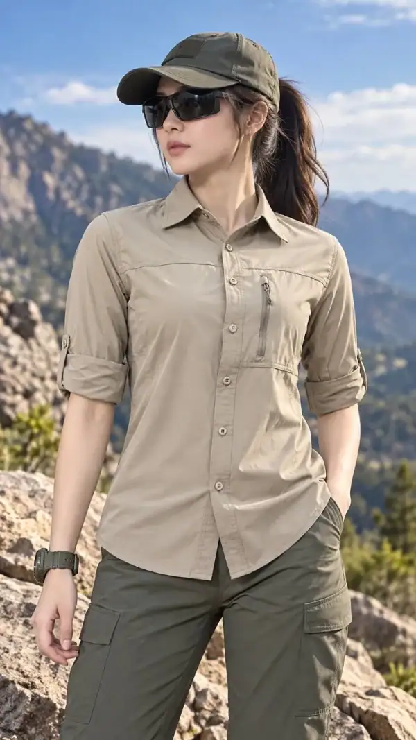 Outdoor long-sleeved shirt with sun protection in beige, suitable for tactical and outdoor activities.