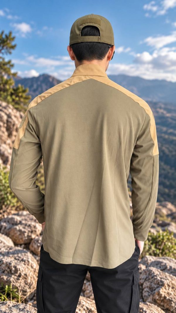 TSL28 Men's Tactical Quarter-Zip Long Sleeve Training Shirt in khaki style for outdoor and daily wear.