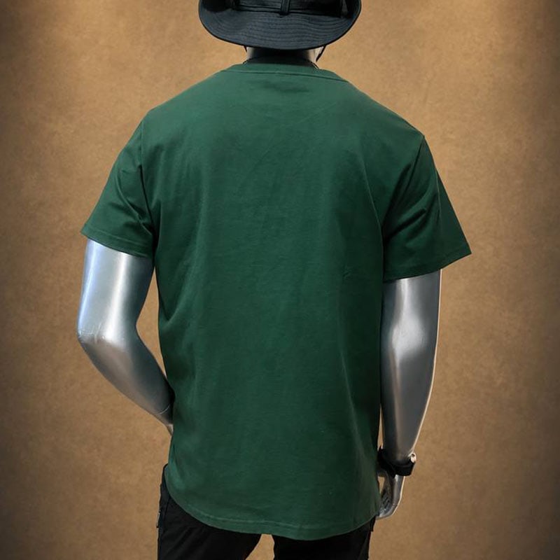 Men's green heavy cotton drop-shoulder short-sleeve T-shirt on mannequin, tactical outdoor style.