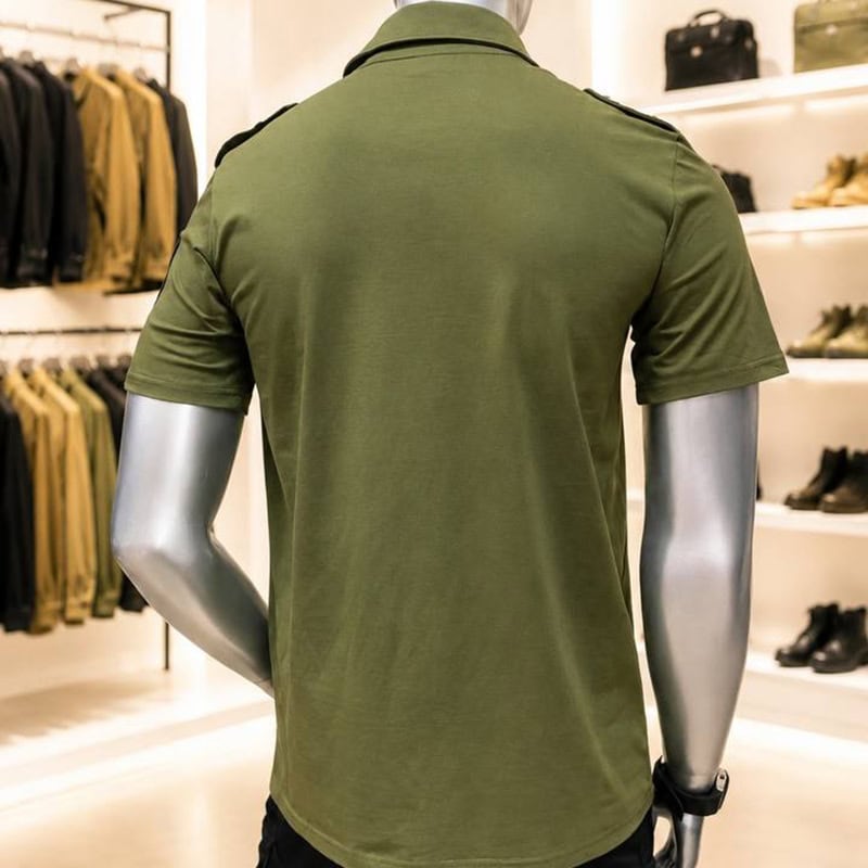 Army Green tactical polo shirt with chest pockets and shoulder detail on a mannequin.