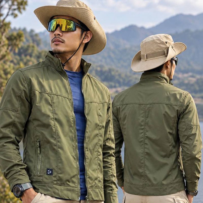Men's lightweight softshell jacket in olive green, outdoor style, suitable for travel and everyday wear.
