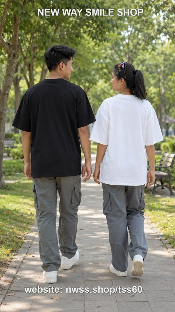 TSS60 Oversized Plain Short-Sleeve T-Shirt for Men & Women in black and white, casual style, outdoor setting in Phnom Penh.