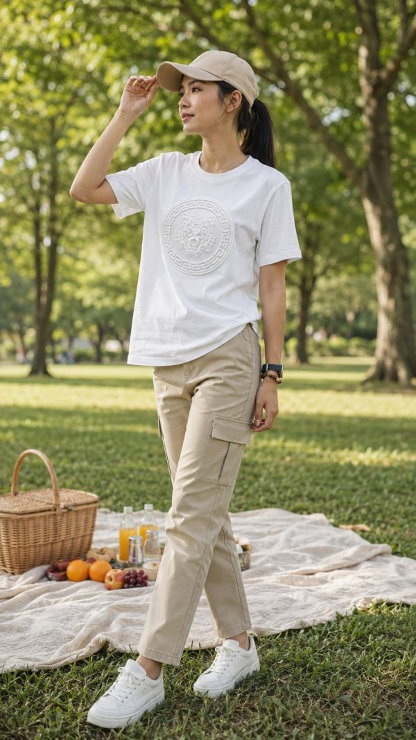 Unisex white short-sleeve T-shirt with raised round chest emblem, casual outdoor style.
