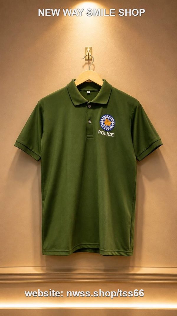 Police-style short sleeve polo shirt in green with embroidered police logo for men and women.