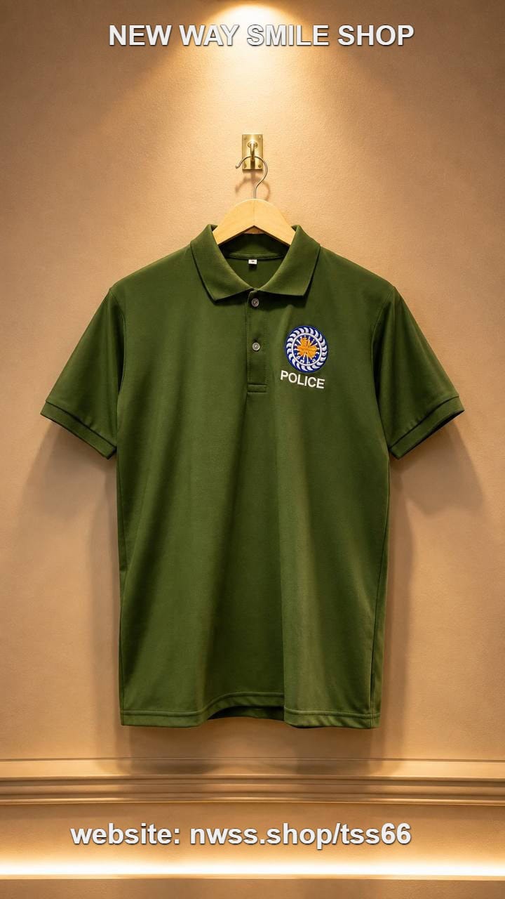Police-style short sleeve polo shirt in green with embroidered police logo for men and women.