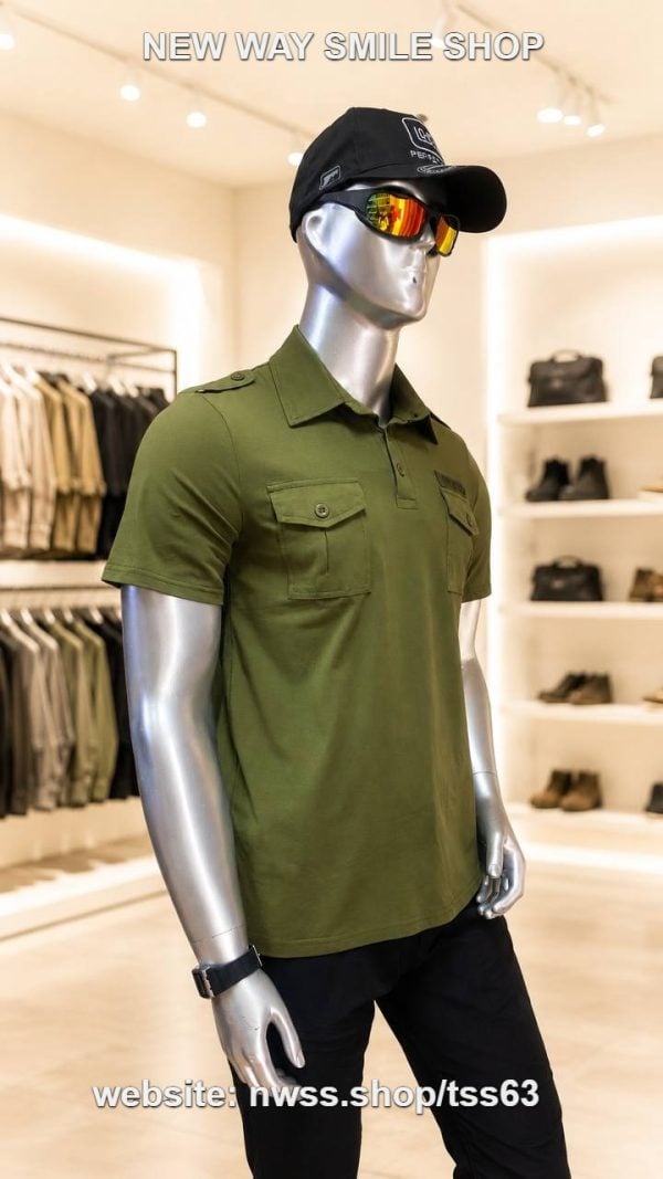 Tactical long sleeve shirt in khaki with dual chest pockets and wrinkle-resistant fabric.