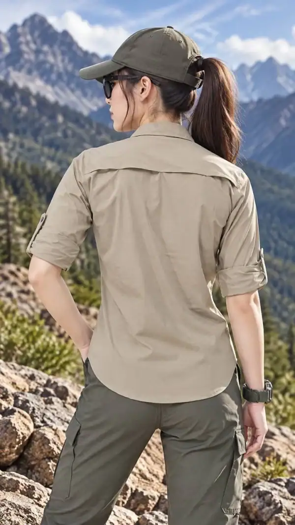 Outdoor long-sleeved shirt with sun protection in beige for tactical and outdoor activities.