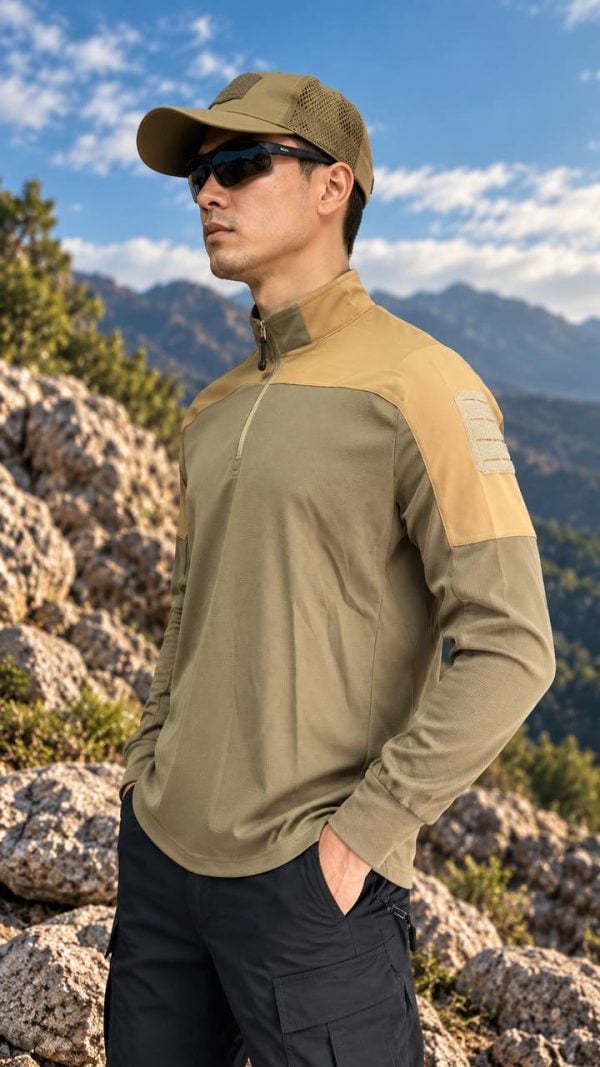 Men's tactical quarter-zip long sleeve training shirt in khaki for outdoor and daily wear.