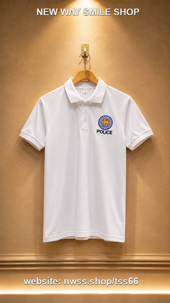 Police-style short sleeve polo shirt with embroidered police logo in white for men and women.