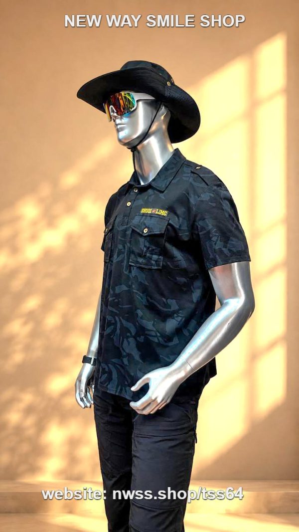 Tactical long sleeve shirt in khaki with dual chest pockets, wrinkle-resistant fabric, and button-up front.