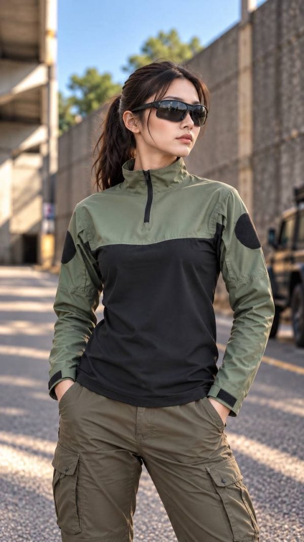 Tactical long sleeve shirt in khaki with dual chest pockets and wrinkle-resistant fabric.