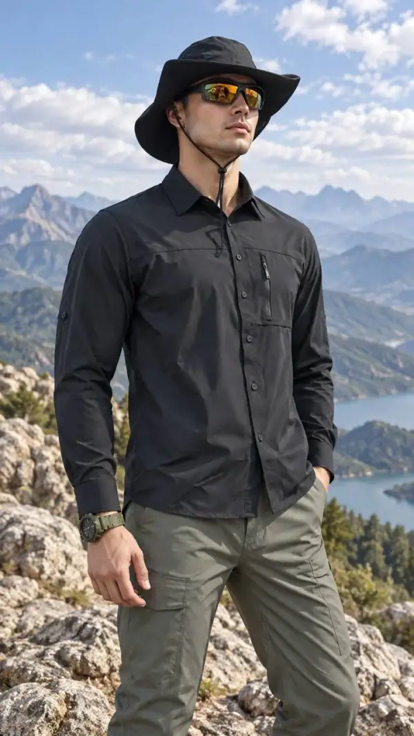 Black outdoor long-sleeved shirt with sun protection, ideal for tactical and outdoor activities.