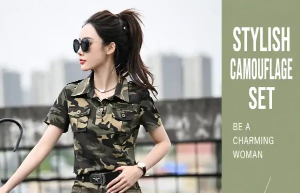 Short-sleeve camouflage tactical shirt with collar, stylish and casual for outdoor activities.