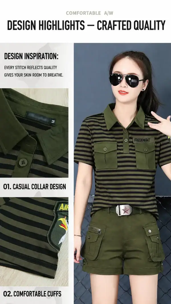 Short-sleeve camouflage collar tactical shirt with green and black stripes, casual style for outdoor activities.
