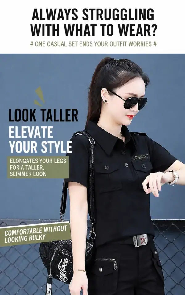 TSS62 Short-Sleeve Camouflage Collar Casual Tactical Shirt worn by a woman with sunglasses.