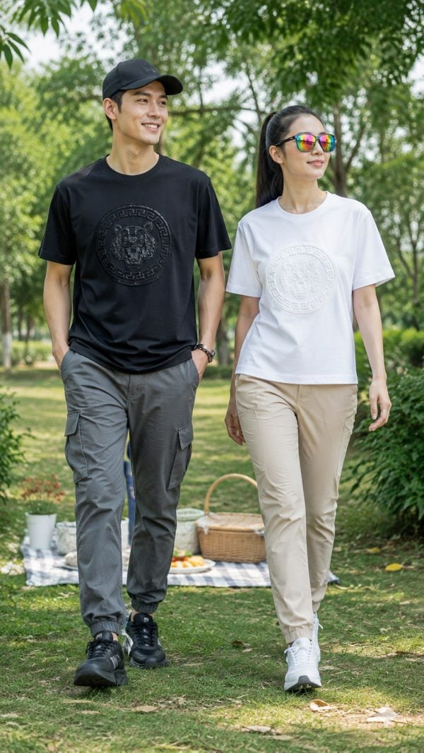 Unisex short-sleeve T-shirt with raised round chest emblem in black and white, casual outdoor style.
