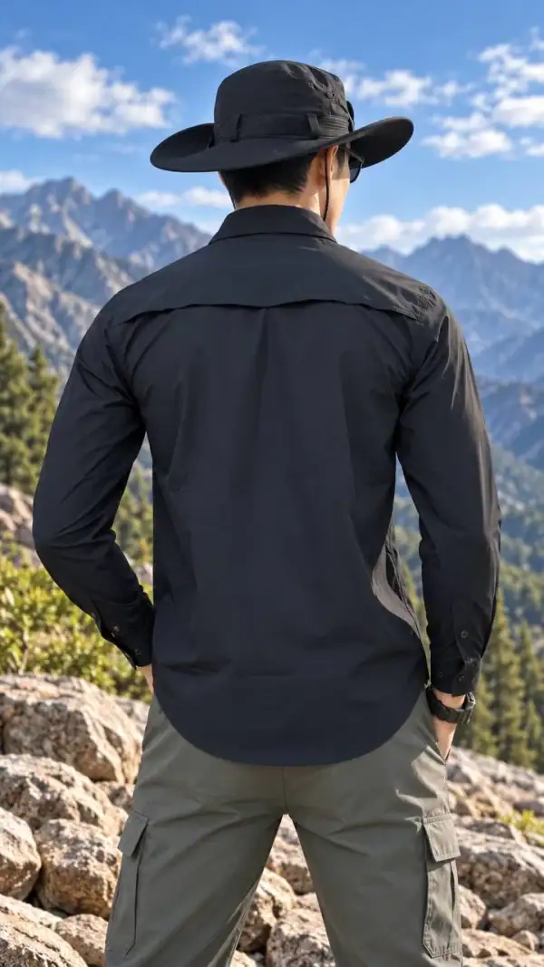 Outdoor long-sleeved shirt with sun protection in black, suitable for tactical and outdoor activities.