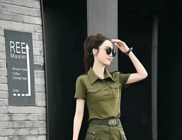TSS62 Short-Sleeve Camouflage Collar Casual Tactical Shirt worn by a woman with sunglasses.