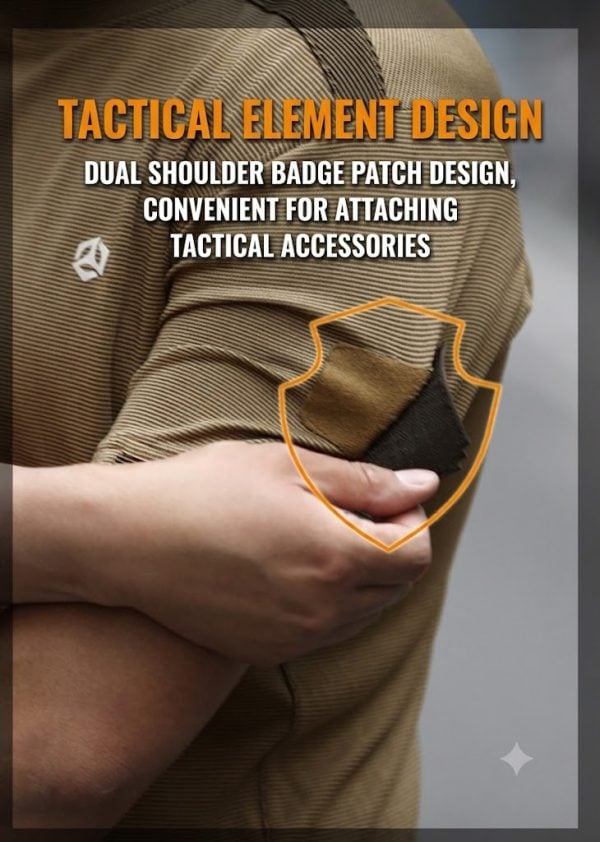 Tactical long sleeve shirt in khaki with dual chest pockets, wrinkle-resistant fabric, and button-up front.