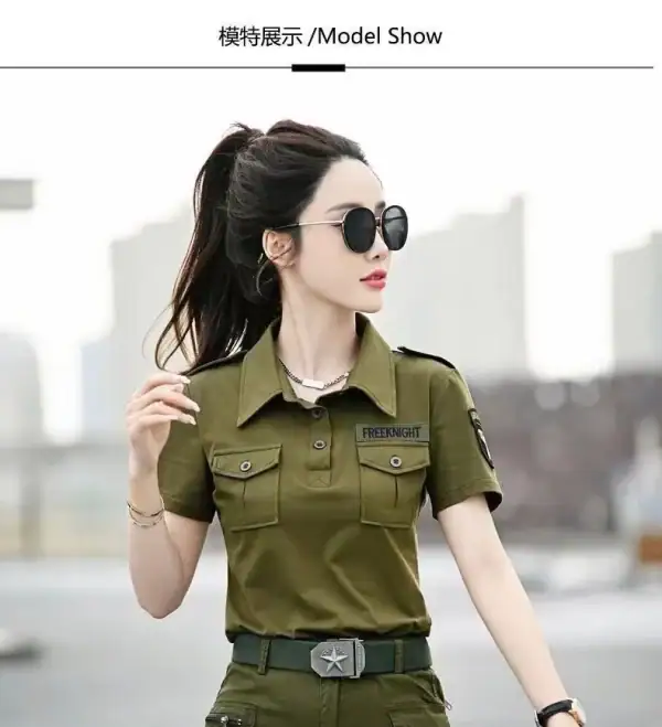 Short-sleeve camouflage tactical shirt with collar, featuring front pockets and a patch, suitable for outdoor tactical use.