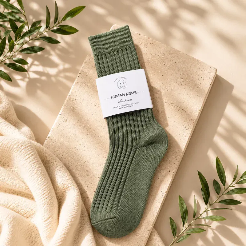 Olive green ribbed sock with label on beige surface with green leaves.