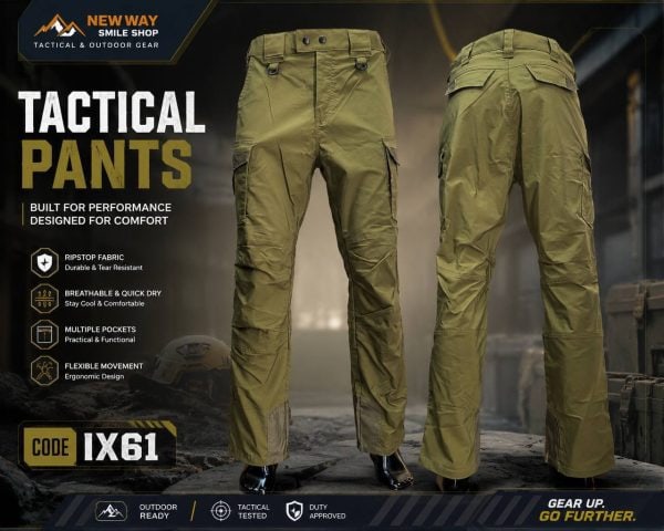Khaki tactical cargo pants with reinforced knees and six pockets, water-repellent fabric, for outdoor use.
