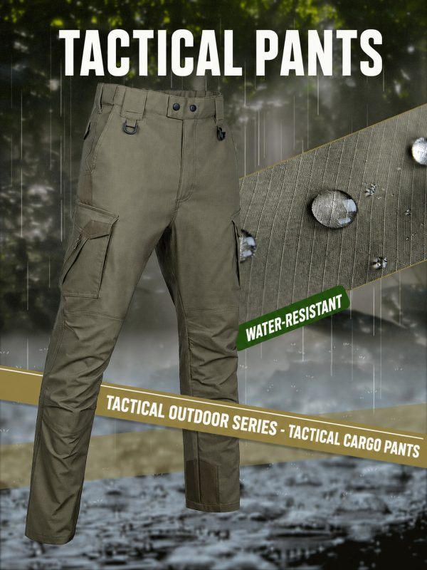 Khaki tactical cargo pants with reinforced knees and six pockets, water-resistant fabric.
