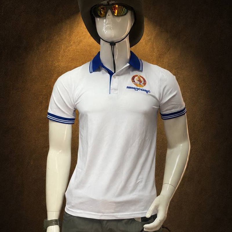White polo shirt with blue collar and sleeve accents, embroidered logo on chest, short-sleeve style.