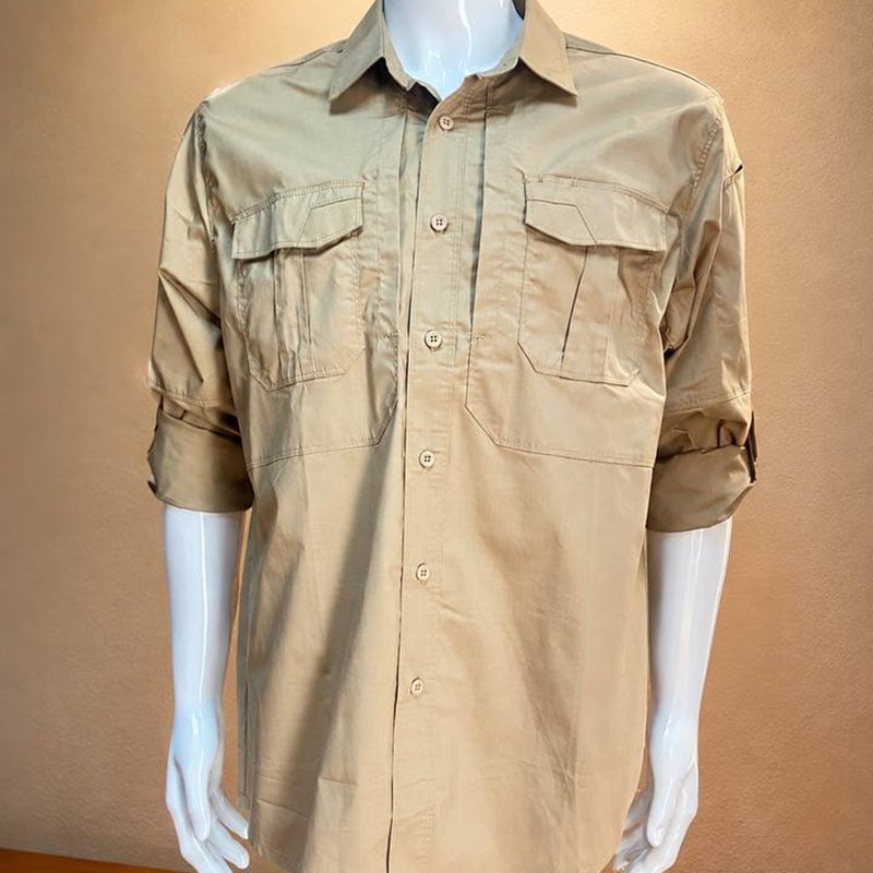 Khaki tactical roll-up sleeve shirt with front pockets and button closure.