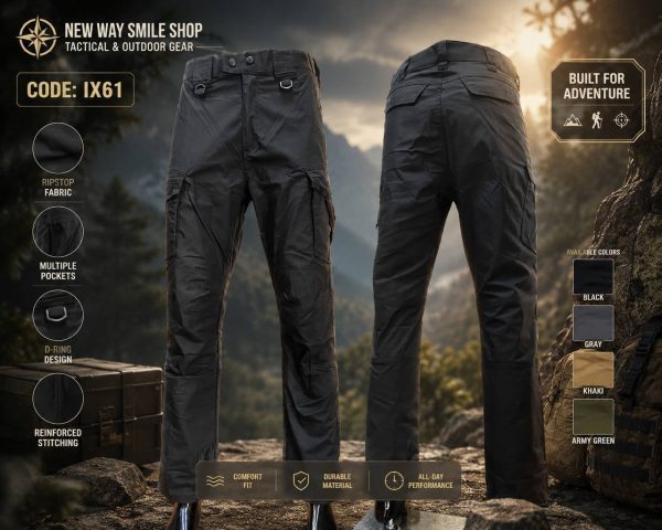 Water-repellent tactical cargo pants in black with reinforced knees and six pockets.