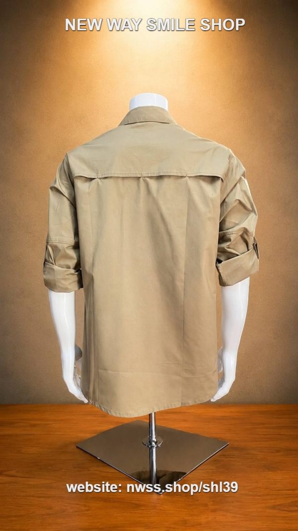Khaki tactical roll-up sleeve shirt with back yoke and buttoned cuffs for outdoor use.