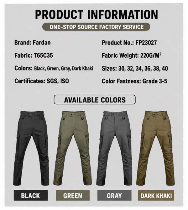 Fardan tactical cargo pants in black and dark khaki with reinforced knees and six pockets.