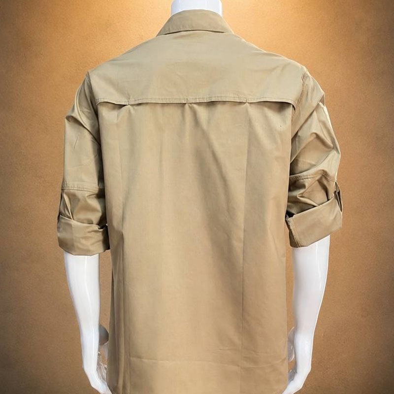 Khaki tactical roll-up sleeve shirt with back view, casual outdoor style.