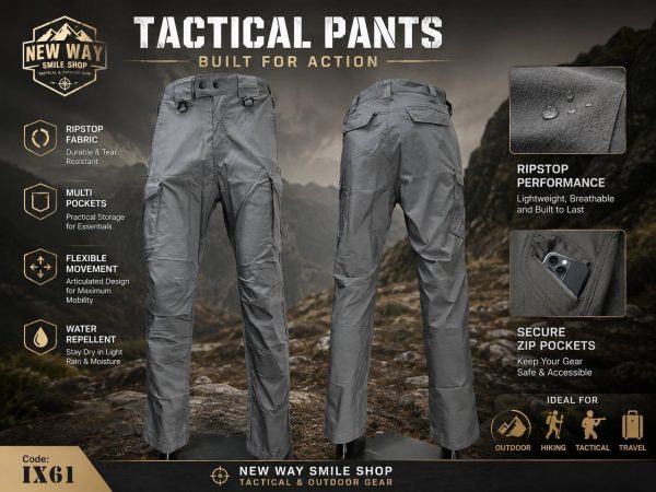 Water-repellent tactical cargo pants in gray with six pockets and reinforced knees.