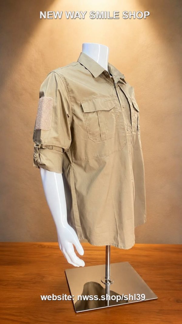 Khaki tactical roll-up sleeve shirt with chest pockets, displayed on a mannequin.